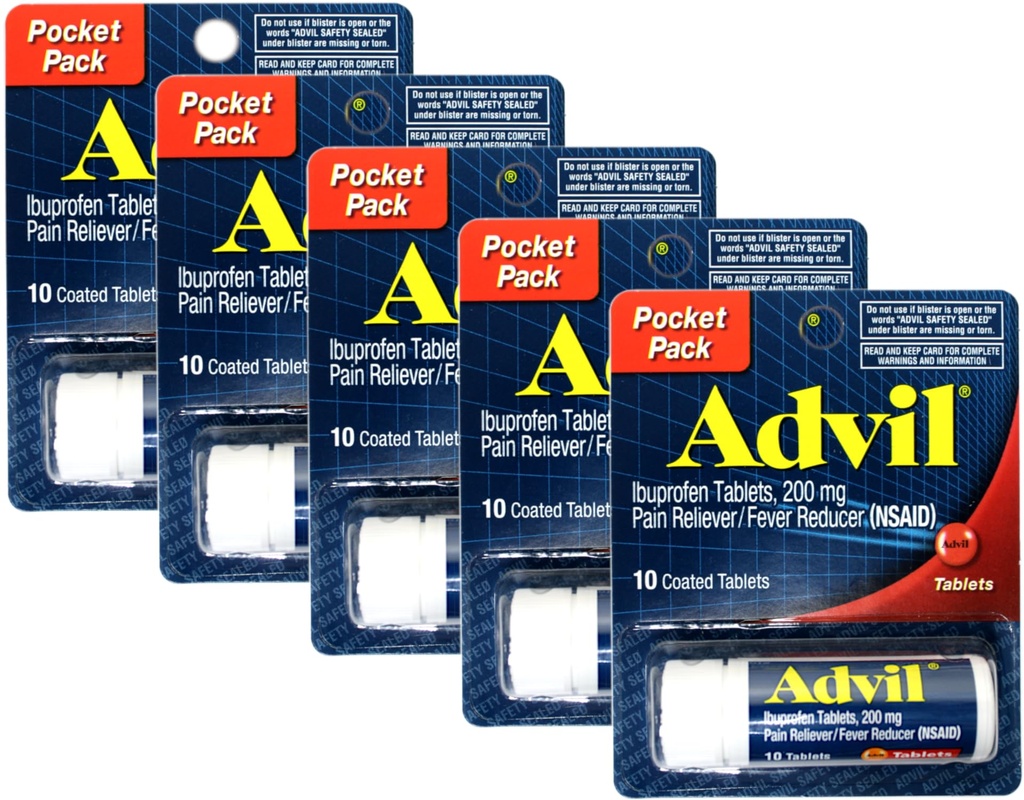 Advil Ibuprofen 200mg (NSALD) Pocket Pack, 10 Tablets berlapis (Paket 5)