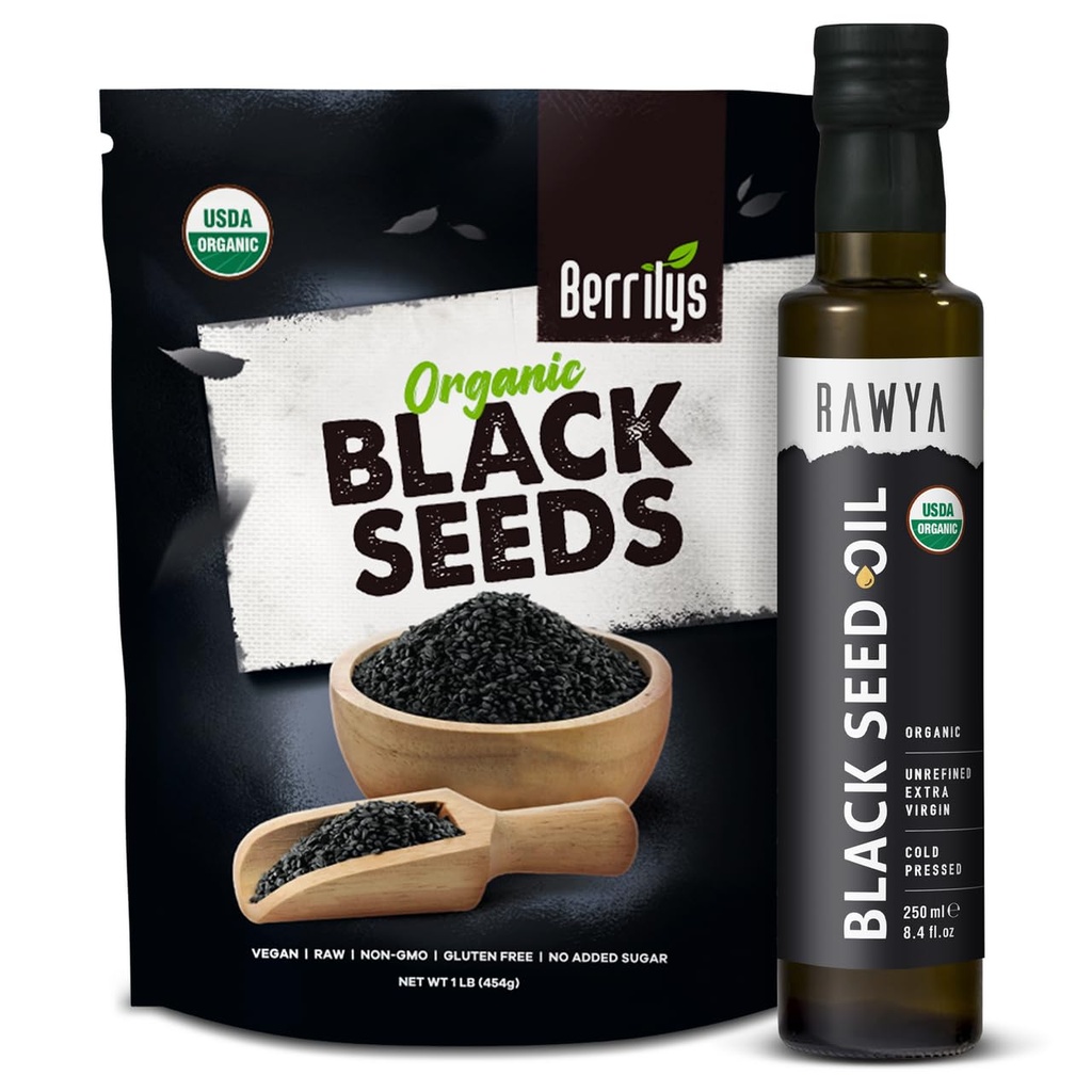 Radwya Black Seeds + Black Seed Oil - USDA Organic Certified, Cold Pressed, Nigella Sativa, Cumin Benih Oil, Kalonji, Premium Quality, High Thymoquinone, Pure & Nature, 8.4 Oz + 16 Oz Seeds