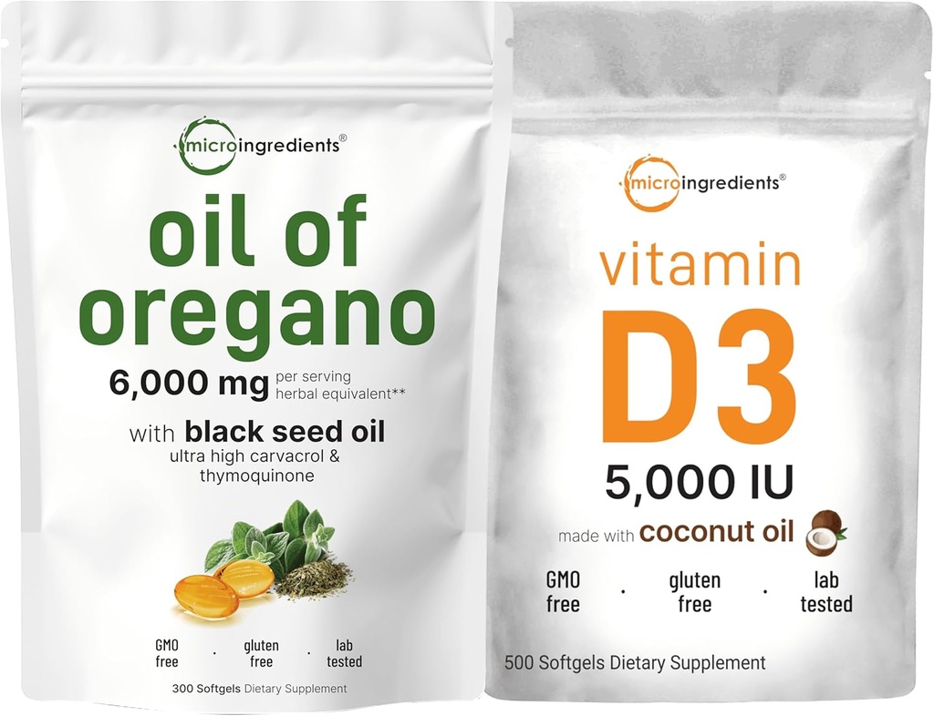 Micro Ingredians Oil dari Oregano Softgels 6000 mg Per Serving & Vitamin D3 5.000 IU Bundle Chack 126; 4X Kekuatan Carvacrol & Thymoquinon 124; Vitamin D sebagai Cholecalferol