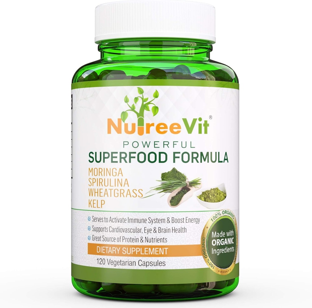NutheVit 100% Organik Superfood Formula - Imune Sistem Booster Energy Pills with Moringa, Spirulina, Wheatgrass, and Kelp - 90 Count Bottle