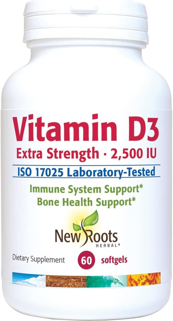 NEW ROOTS HERBAL Vitamin D3 2.500 IU (62.5 mcg): Fungsi Otot Sehat 124; Imune Dukungan 124; Non- GMO & Gluten- Free (60 Softgels)
