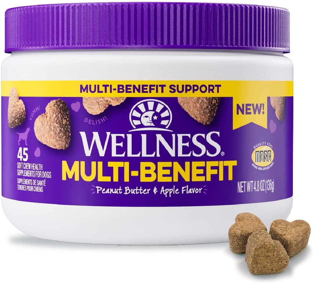 Wellness Peanut Butter & Apple Flavared Soft Chews Multi- Benefit Suplemen untuk Anjing, 45 Count