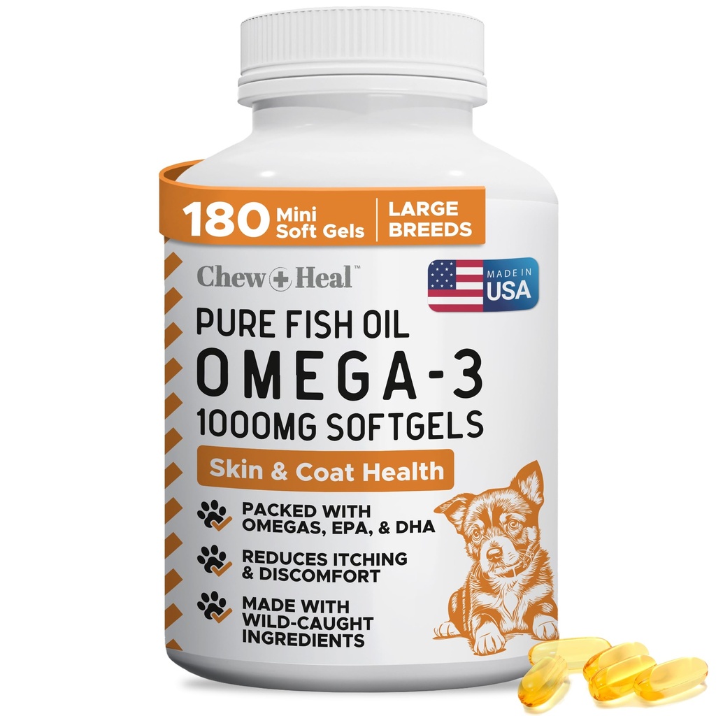 Wild Caught Omega 3 Fish Oil for Dogs - 180 Softgel Capsules for Healthy Skin and Coat - Large 1000 mg Dog Fish Oil Pills for Shedding, Dry Itching Skin, and Hot Spots - Pet Omega Salmon Suplemen