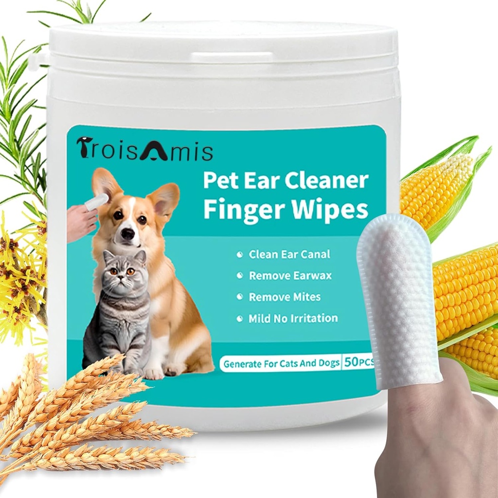 TroisAsis Pet Ear Cleaning Finger Wipes for Dog and Cat, Thick Dog Ear Cleaner Wipes with Gentle and Natural Ingredient, Hapus Earwax, Debriss-Sén & Deodorize- Relieve Ear Itch & Inflamation- 50 Count