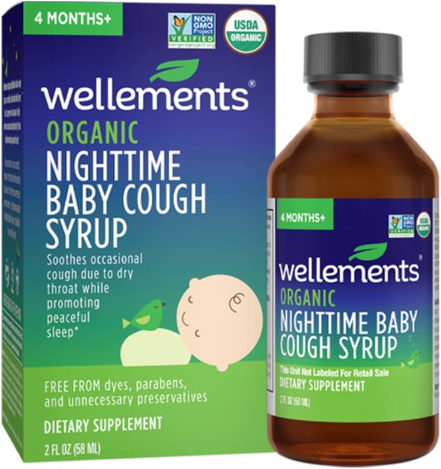 Wellfients Organic Nighttime Baby Cough Syrup 124; Soothes Occational Cough Because to Dry Throat While Promoting a Peadeous Night 's Sleep *, USDA Organic 124; 2 Fl Oz, 4 Bulan +