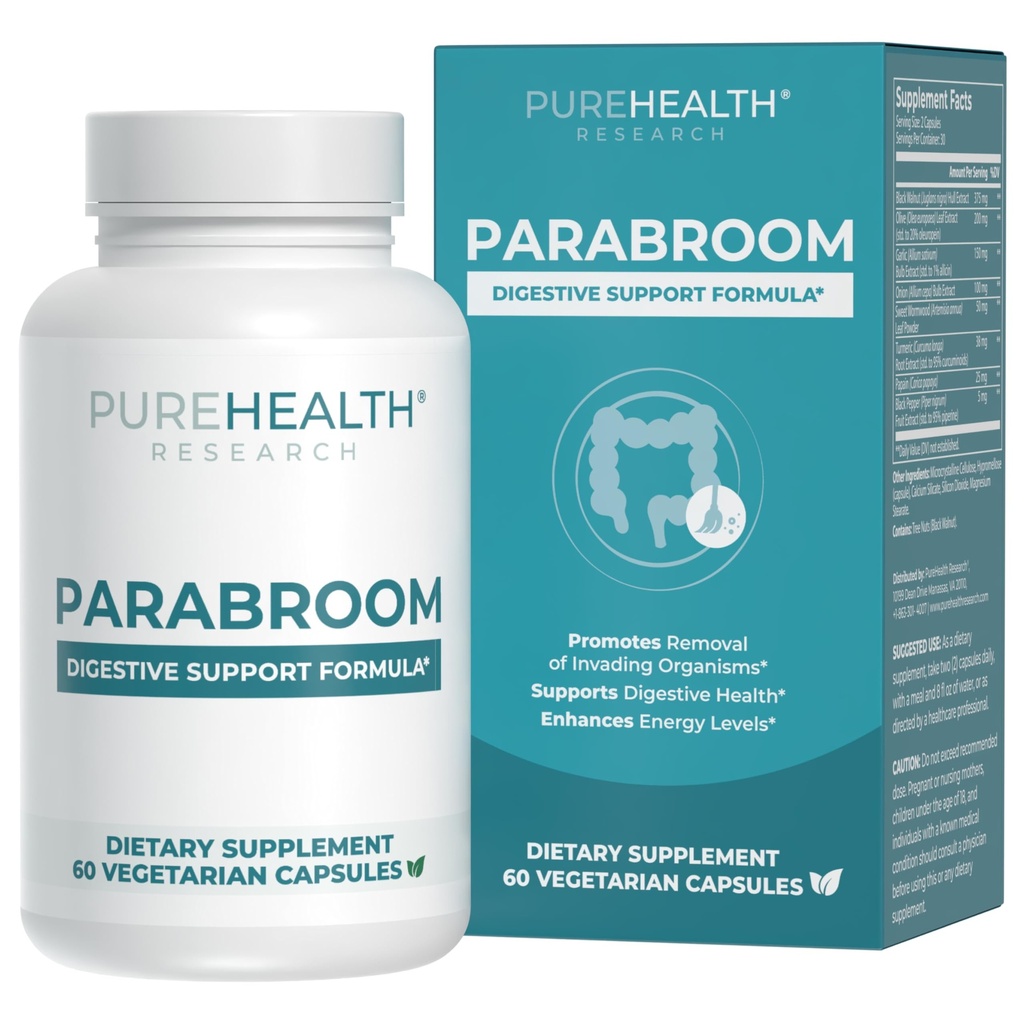 PUREHEALTH RESEARCH Parabroom - Gut Cleanse & Health Suplement - with Black Walnut, Sweet Wormwood powder, Turmeric Extract, Olive Leaf, Garlic & Onion - Digetives Support for Women & Men 60 Capsules