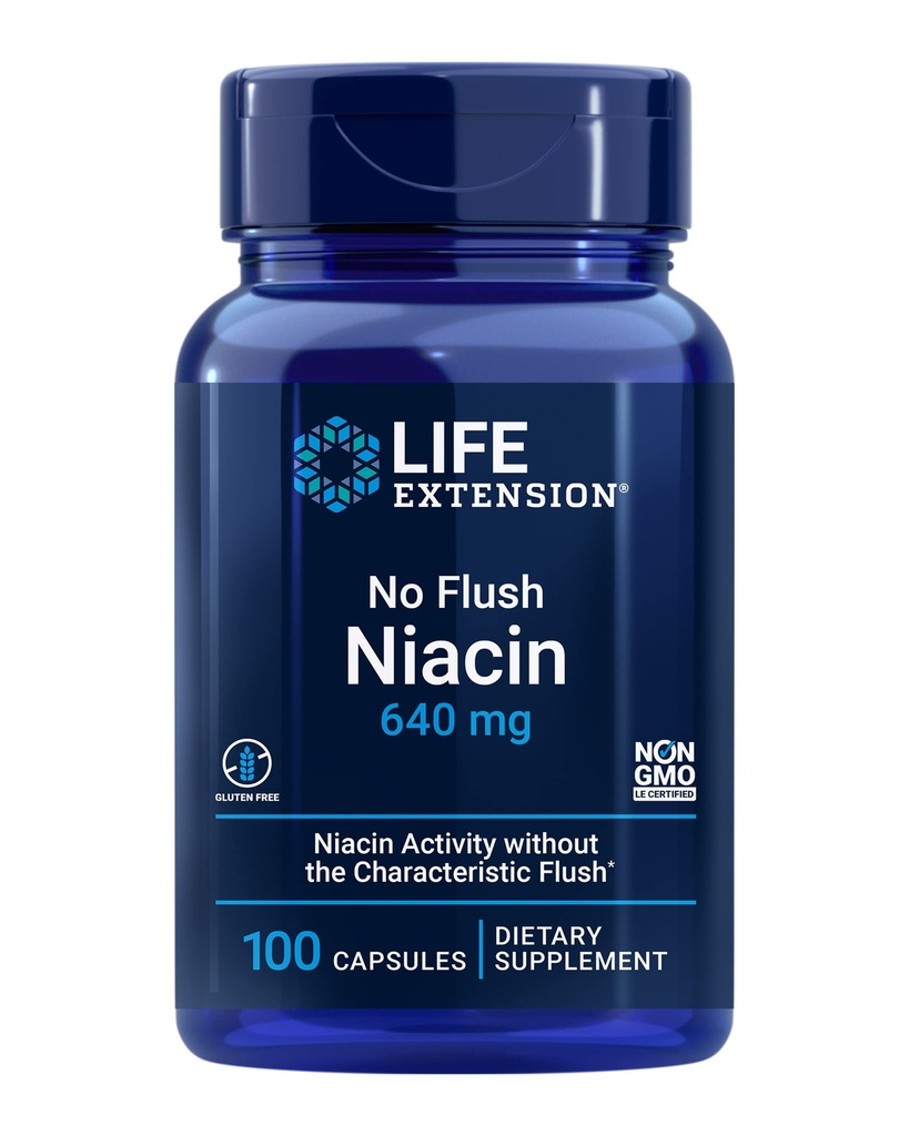Ekstensi Hidup No Flush Niasin, B3 for Heart Health, Kolesterol & Energy Support, Non-GMO, Gluten- Free, 100 Kapsul