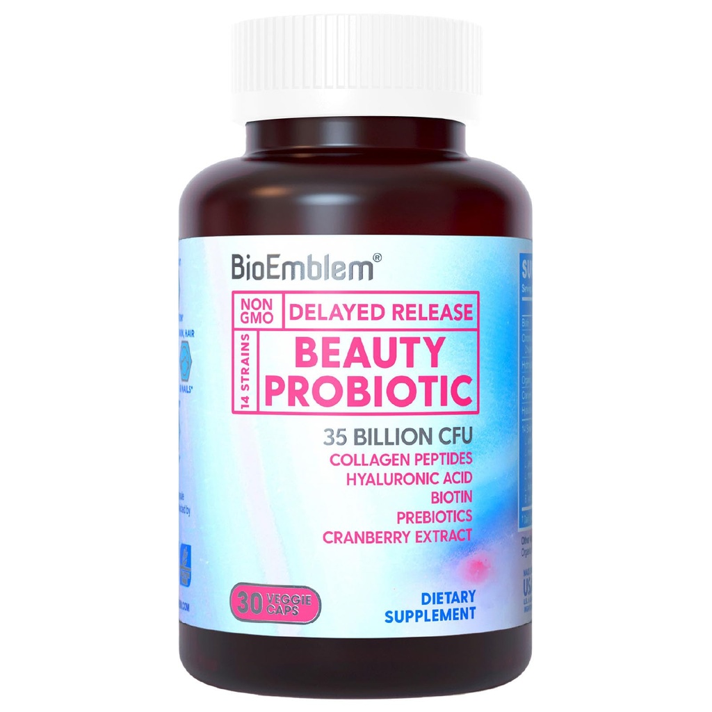 Produksi Kecantikan BioEmblem untuk Perempuan, 35 Milyar CFU 14 Strains dengan Biotin, Collagen, Pregren untuk Kesehatan Digetical, Rambut Skin dan Nails, Tambahan Progral Vaginal, Shelf Stabil, 30 Caps