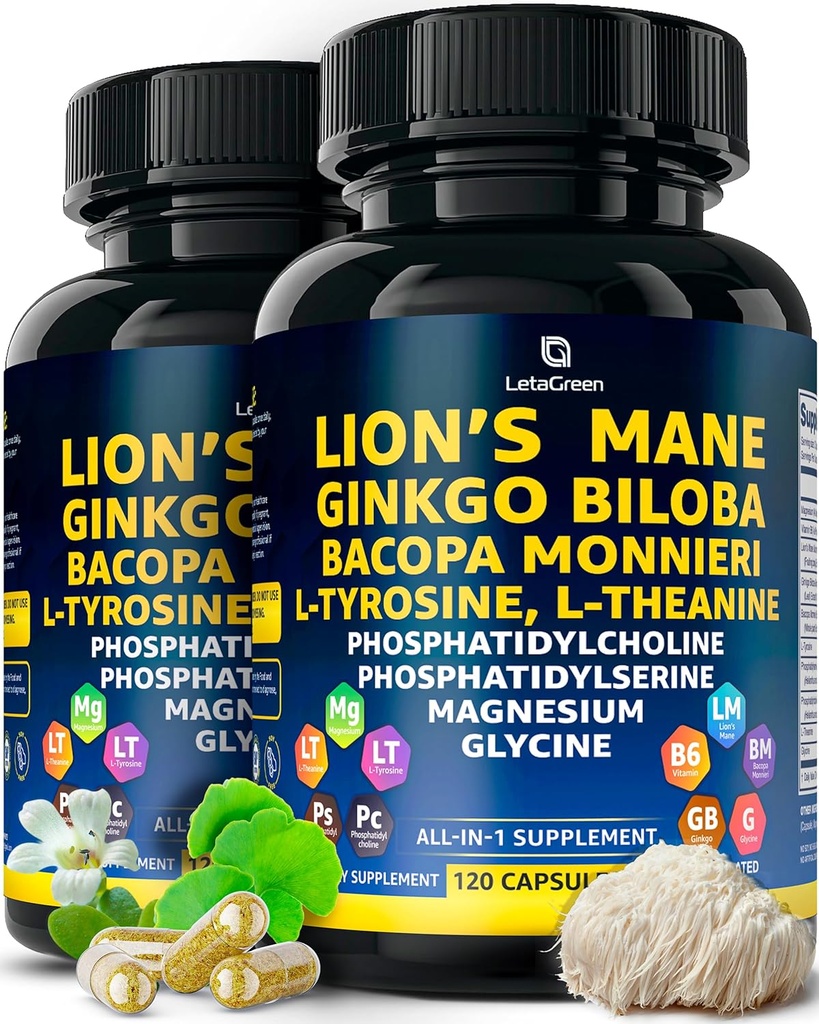 Limon Mane Suplemen Organik Kapsul - 240 Jamur Nyata Singa Katup Mane dengan Ginkgo Biloba Herb, Bacopa Monnieri, L Theanine, L Tyrosine - Kompleks Jamur untuk Wellness Harian