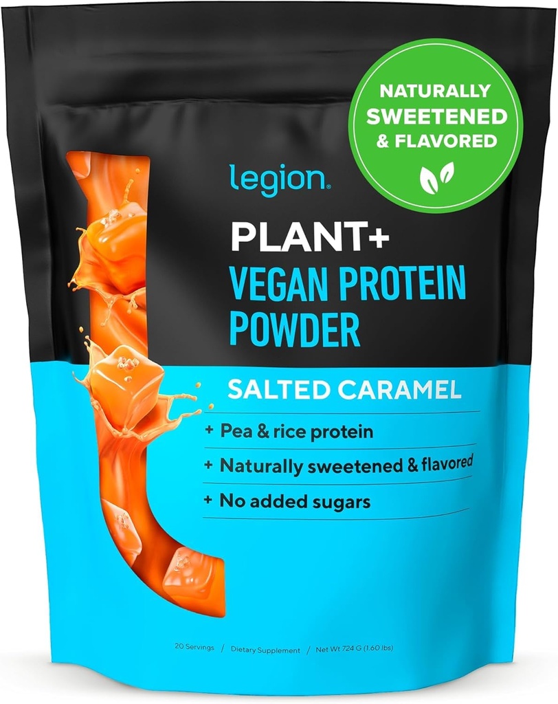 LEGION Plant + Vegan Protein Powder, Rice and Pea, Plant Based Protein Blend. Gluten Free, GMO Free, Alami Sweetened and Flavored, 20 Pelayan, 2 Lbs (Salted Caramel)