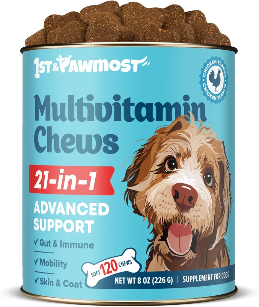 21-in- 1 Dog Multivitamin - Dog Vitamin and Supports for Senior Dogs and Puppy - Multivitamin for Dogs for Skin, Coat, Heart, Imune Dukungan - Dog Multivitamin Chewable for Joint Support -120pcs