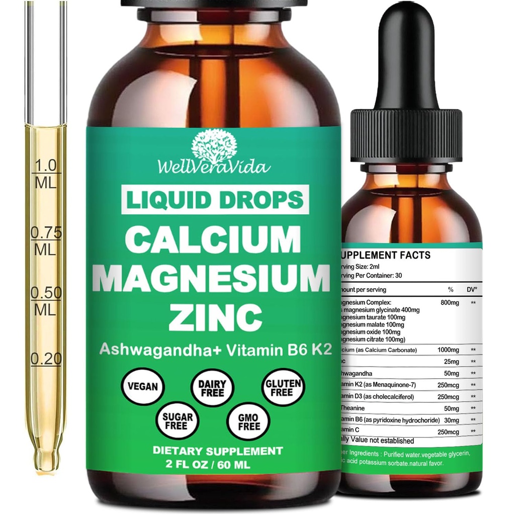 Kalsium Magnesium Zinc Liquid Drops with Vitamin D3 K2, High Potency Kalsium Magnesium Suplement w / Magnesium Complex, Zinc, Theanine Gluten Free Glurune, Bone, Muscle, Mood & Sleep Support