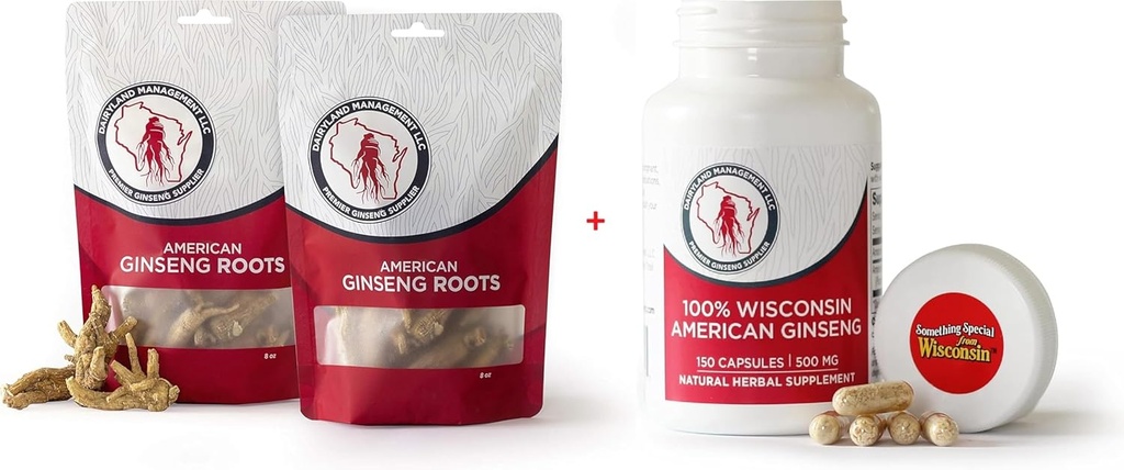 Dairyland American Ginseng Roots 16 oz dan Capsules 150 ct Pack of Wisconsin Ginseng