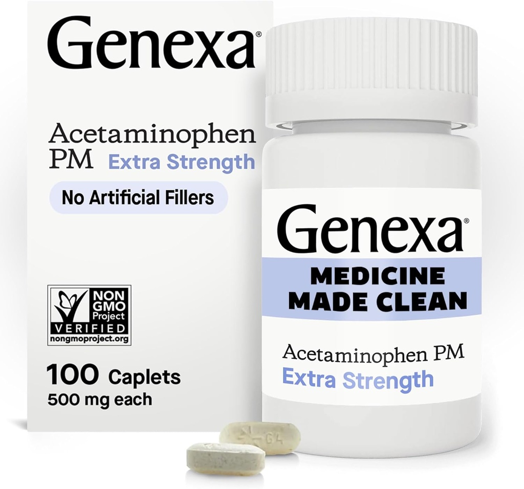 Genexa Clean Acetaminofhen PM 500mg Extra Energy, Dye Free Pain Reliever, Nighttime Sleep Aid, Fever Reducer, 0% Artificial Address, Relieves Headache, Minor Arthritis Pain, 100 tablet