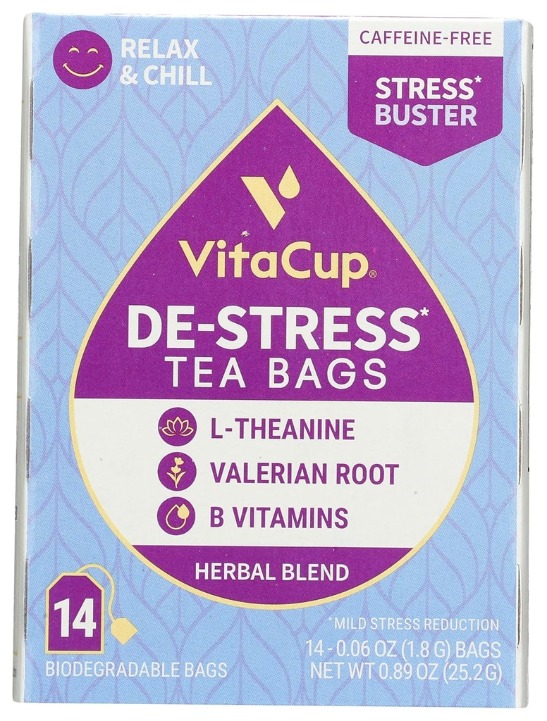 DeStress Herbal Tea Bags by VitaCup, Relax & Chill w / Chamomile, L-Theanine, Valerian Root & B Vitamin, Caffeine Free Serve Wellness Tea Saget, 14 ct