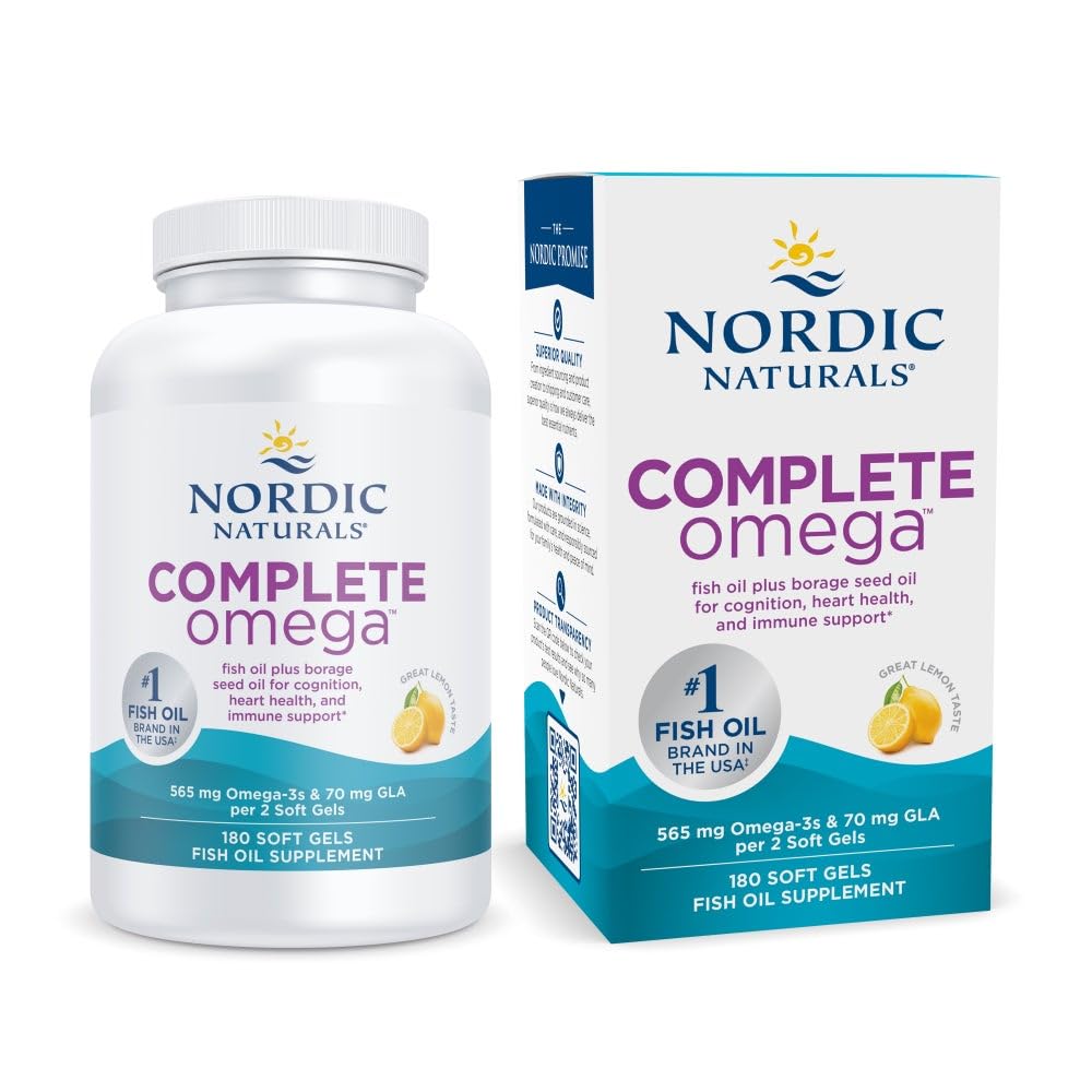 Nordic Complete Omega, Lemon Flavor - 180 Soft Gels - 565 mg Omega-3 - EPA & DHA dengan Added GLA - Sehat Skin, Cognition, & Positive Mood - Non-GMO - 90 Servings
