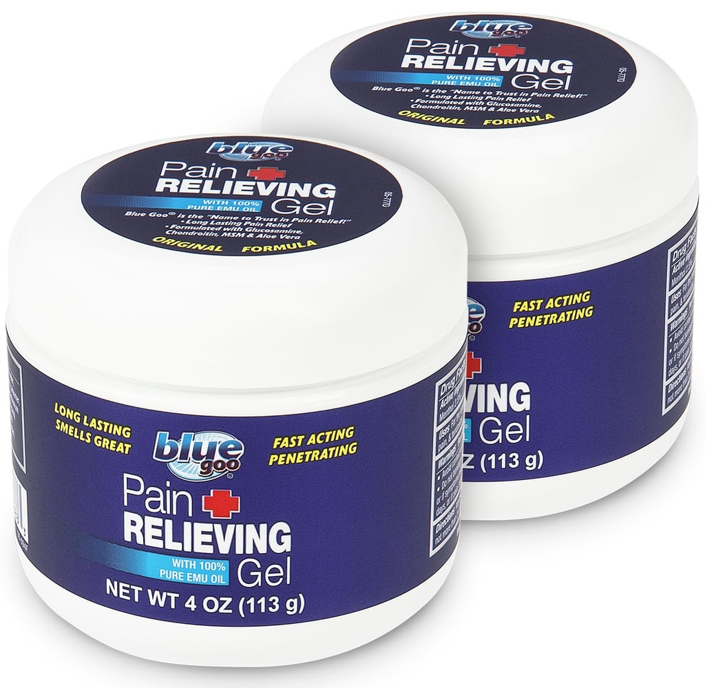 Blue Goo Pain Relieving Gel - untuk Kembali, Neck, Muscle and Joint Pain, Pengobatan Cepat dan Bantuan Soothing dengan 100% Pure Emu Oil, 4 oz (2 Pack)