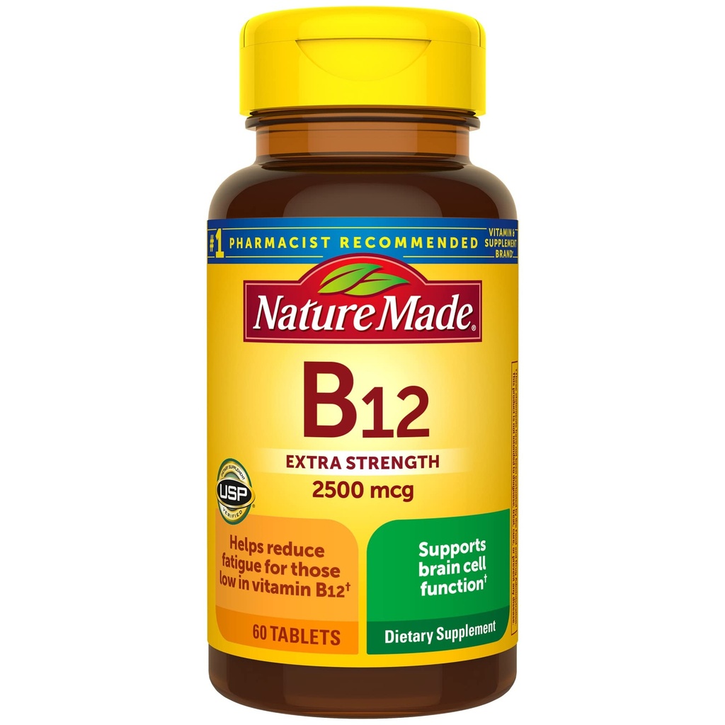 Nature Made Energy Vitamin B12 2500 mcg, Dietary Suplemen Dietary for Energy Metabolism Dukungan, 60 Tablets, Supply 60 Hari