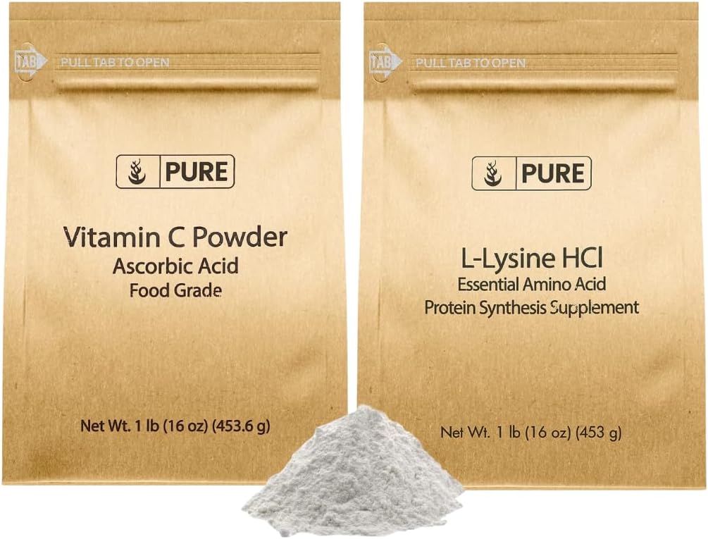 PURE ORIGINAL INGREDIENTS L- Lysine HCI dan VitnC Powder Bundle, 1 lb Setiap, Non-GMO, Gluten Free, Dietary Supplemen