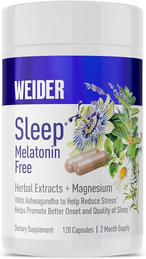 Weider Melonalin Free Sleep Aid Supplement with KSM-66 Ashwagandha, Magnesium, Lavender, Lemon Balm, Chamomile, Valerian dan Passionflower Extracts, Hormone & Drug- Free, Non-Habit Forming, 120ct