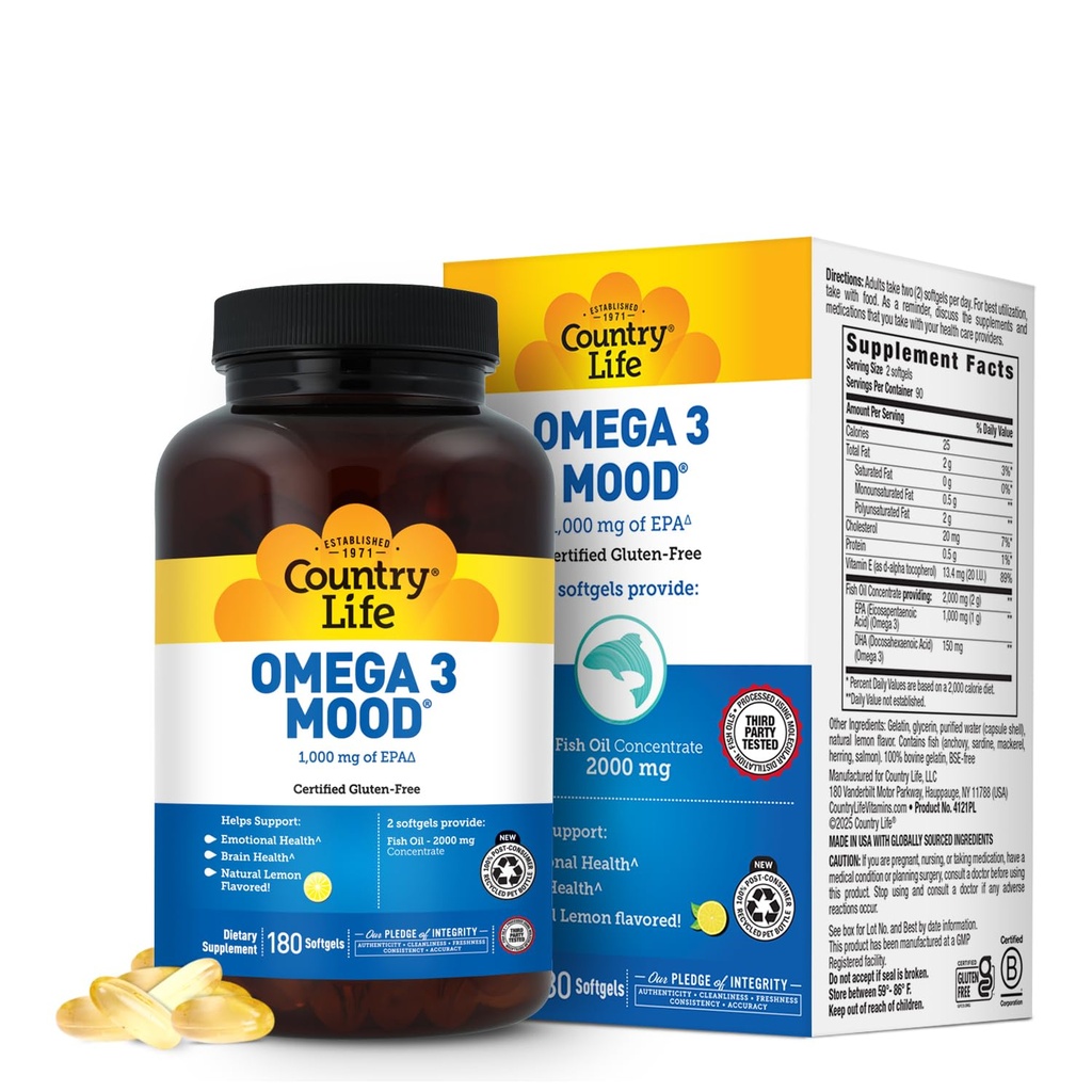 Country Life Omega 3 Oil Supplemen - EPA berkonsentrasi tinggi dan DHA Omega 3 Acids Gendut - 2000mg Minyak Ikan untuk Kesehatan Emosional, Dukungan Mood, dan Tanpa Rasa Ikan - Natural Lemon Flavor