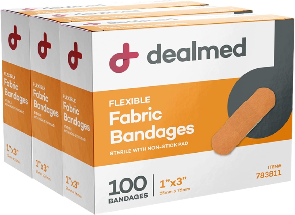 Dealmed Sterile Flexible Fabric Adhesive Bandages - 1x3 Inch - 100 / Box - 3 Box - Breathable Aid Strip Pertama Pack - Soft Stretch Weund Patch For Medical, Emergency Kits & Clinic