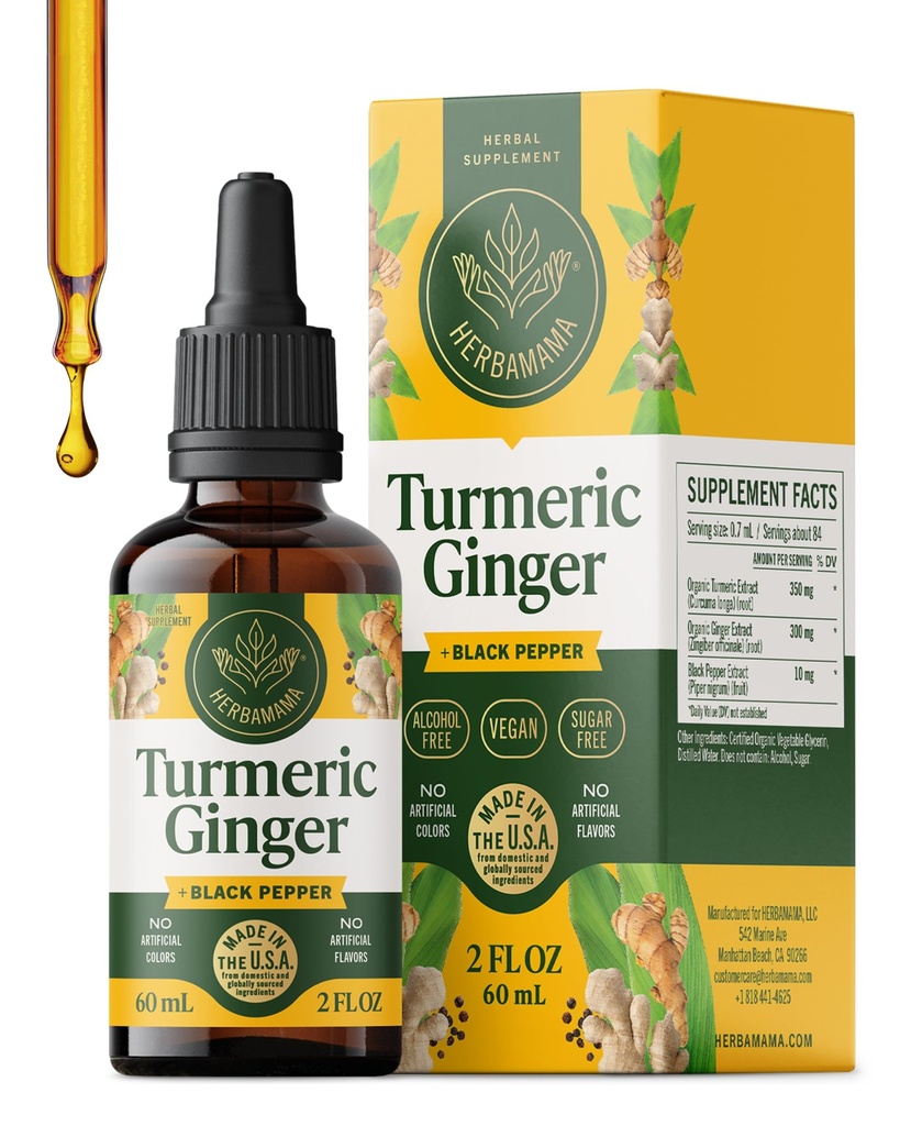 HERBAMAMA Turmeric Curcumin dan Ginger Sugare Blend with Liquid Ginger Root, Turmeric & Black Pepper Extract - Non-GMO, Alkohol & Sugar- Free Imunity Drops
