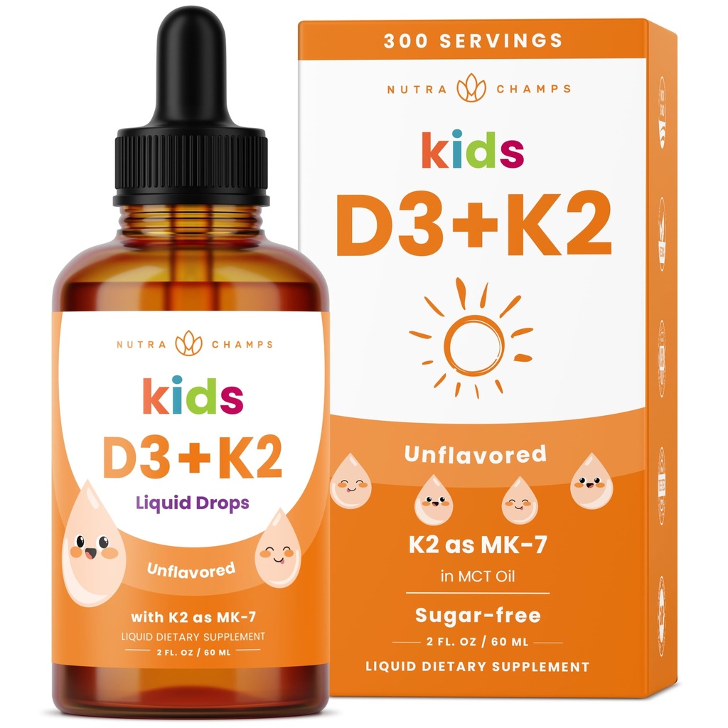NutraChamps Kids Vitamin D 3 K2 Drops, Vitamin D3 & K2 MK-7, Liquid Vitamin D untuk Anak 1000 IU, Healthy Bones, Heart & Imune System, Sugar Free Suppplemen, 300 Pendamping
