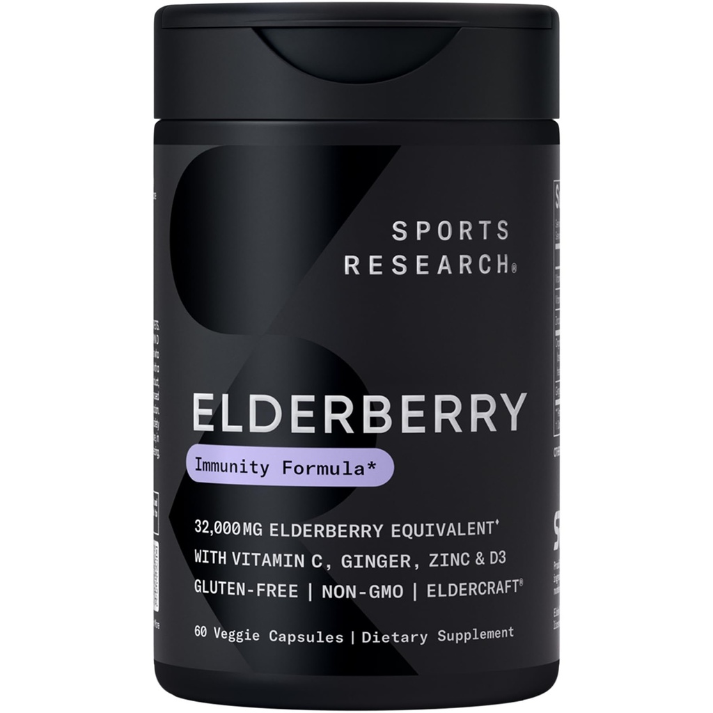 Penelitian Olahraga Black Elderberry dengan Zinc, Vitamin C, & Vitamin D, Suplemen Dukungan Immune untuk Dewasa, 60 Kapsul