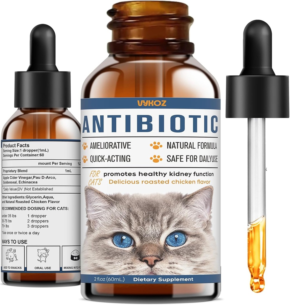 Antibiotik untuk Kucing - Antibiotik Kucing Alam untuk Relief Allergy Itch, Imune Boosting - Antibiotik untuk Ammune Boosting, Penyakit Tract Urinary - Persediaan Vitamin untuk Cat dan Dog, 2 fl oz
