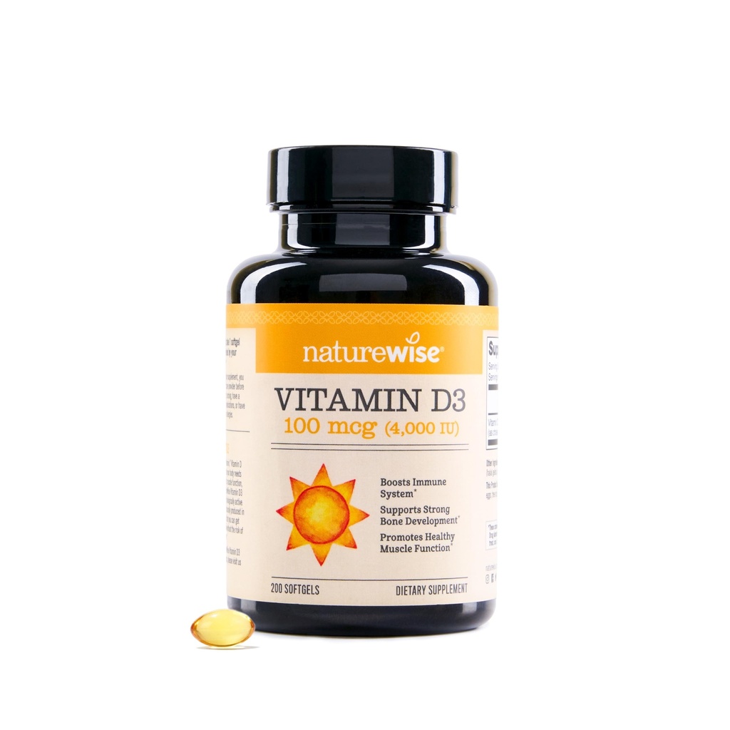 NaturreWise Vitamin D3 4000iu (100 mcg) 200- Day Supply for Ammune Dupport, Healthy Muscle Fungsi, dan Bone Health - Non-GMO, Gluten Free in Organic Extra Virgin Oil, (Mini Softgel), 200 Count