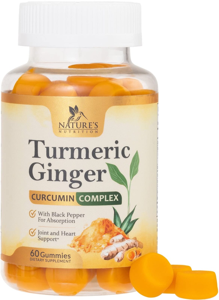 Turmeric Curcumin Suplement Gummies - 95% Curcuminoid dengan Turmeric & Ginger, Black Pepper untuk Absorpsi Terbaik, Nature 's Vegan Comport, Non-GMO, Gluten Free, Tasty Peach Flavor - 60 Gummies