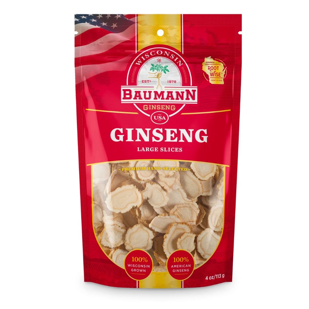 Baumann Wisconsin Ginseng - Large Slices 4 oz - 100% Natural Panax Ginseng Herb, Murni Amerika Ginseng untuk Dukungan Imune, Enhanced Fokus dan Energi