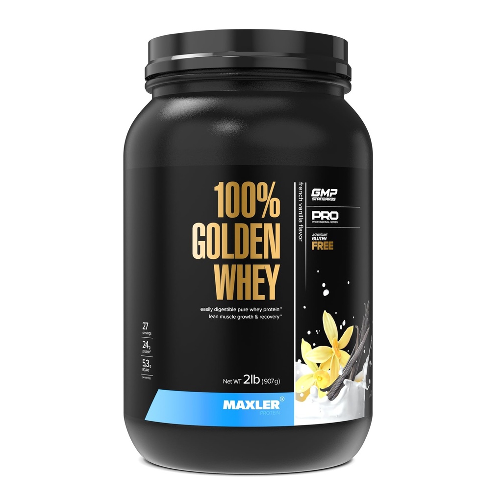 Maxler 100% Golden Whey Protein - 24g dari Protein per Serving - Premium Whiy Protein Powder for Pre Post Workout - Fast - Absorbing Whey Konsentrat Isolysate Hydrolysate Blend - French Vanilla Protein 2lb