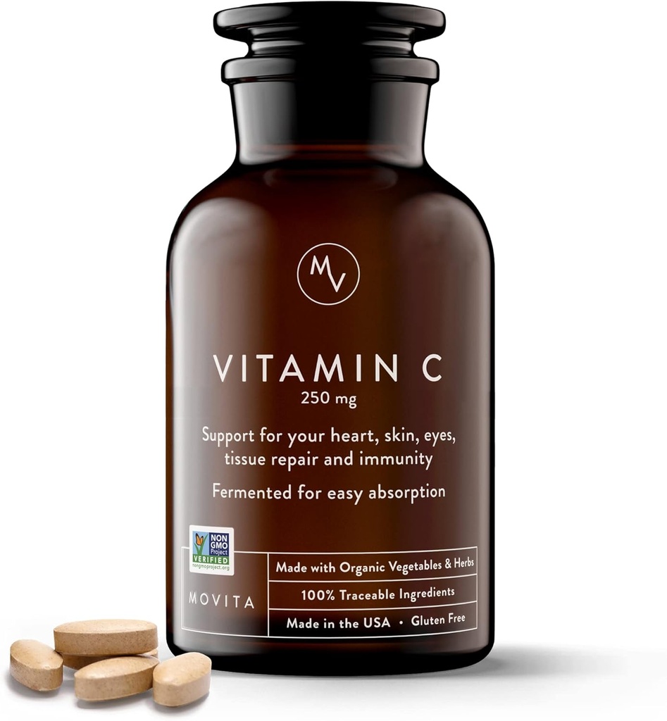 Movita Fermented Vitamin C 250mg - Imunity Booster, Antioxidant Protection, Aids Collagen Synthesis & Iron Absorpsi - Organik, Vegan, Gluten- Free, Non-GMO - 30- Day Supppply (Glass Bottle)