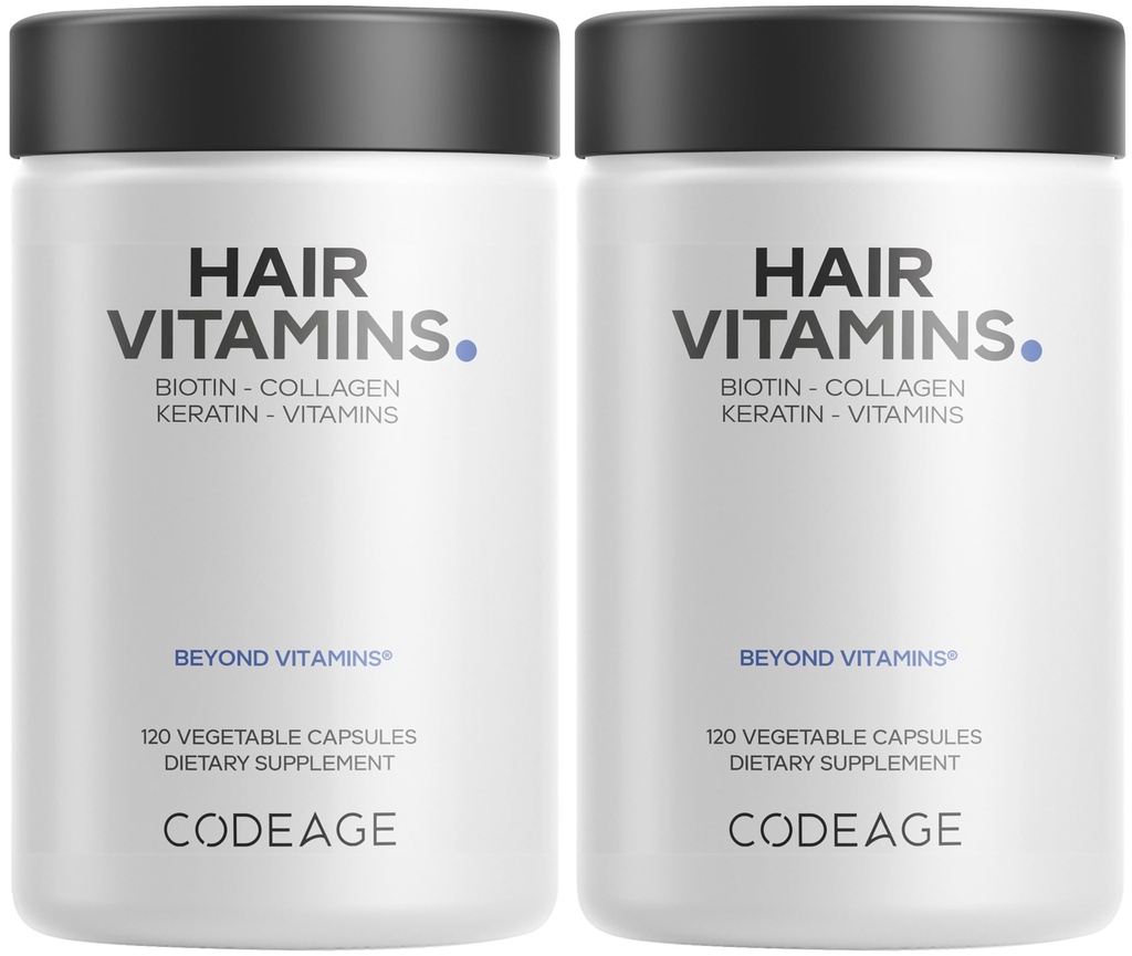 Codeage Hair Vitamin 10.000 mcg Biotin, Keratin, Collagen, Vitamin A, B12, C, D3, E, Zinc, Turmeric, Progories, Enzymes, Inositol - Pendukung Rambut Sehat - Pil Rambut Berat - 2 Pack
