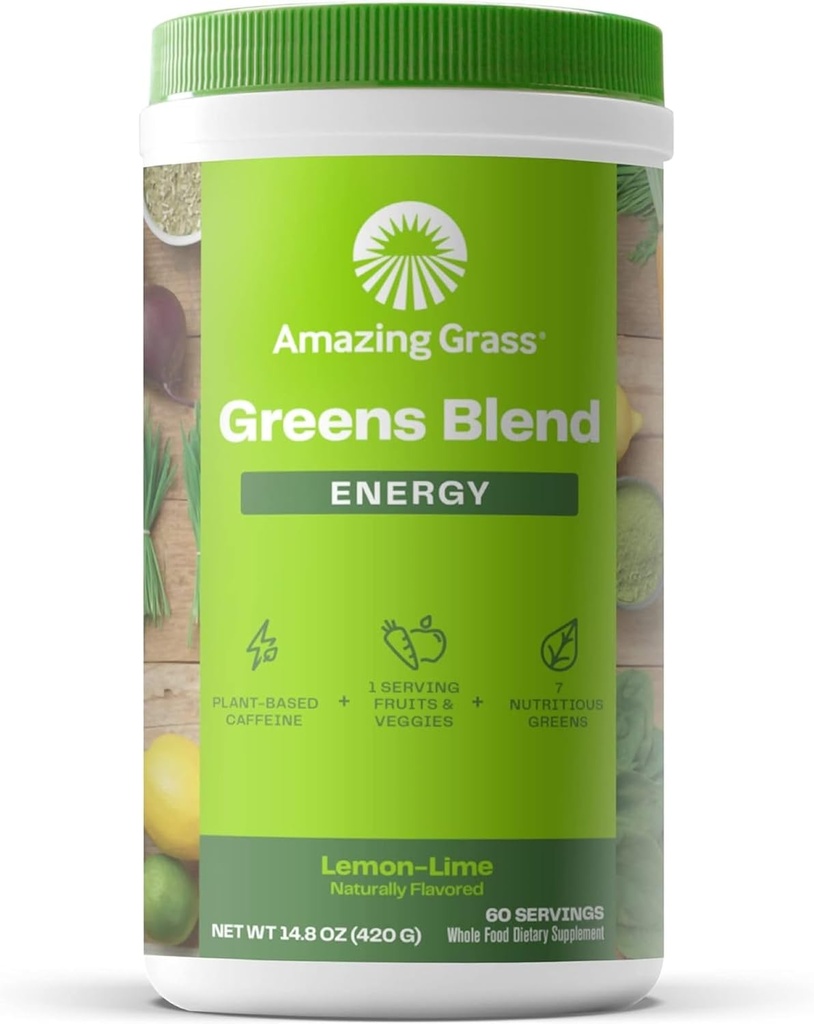 Amazing Grass Greens Energy: Smoothie Mix, Super Greens Powder & Plant Based Caffeine with Matcha Green Tea & Beet Root Powder, Lemon Lime, 60 Servings (Packaging May Vary)