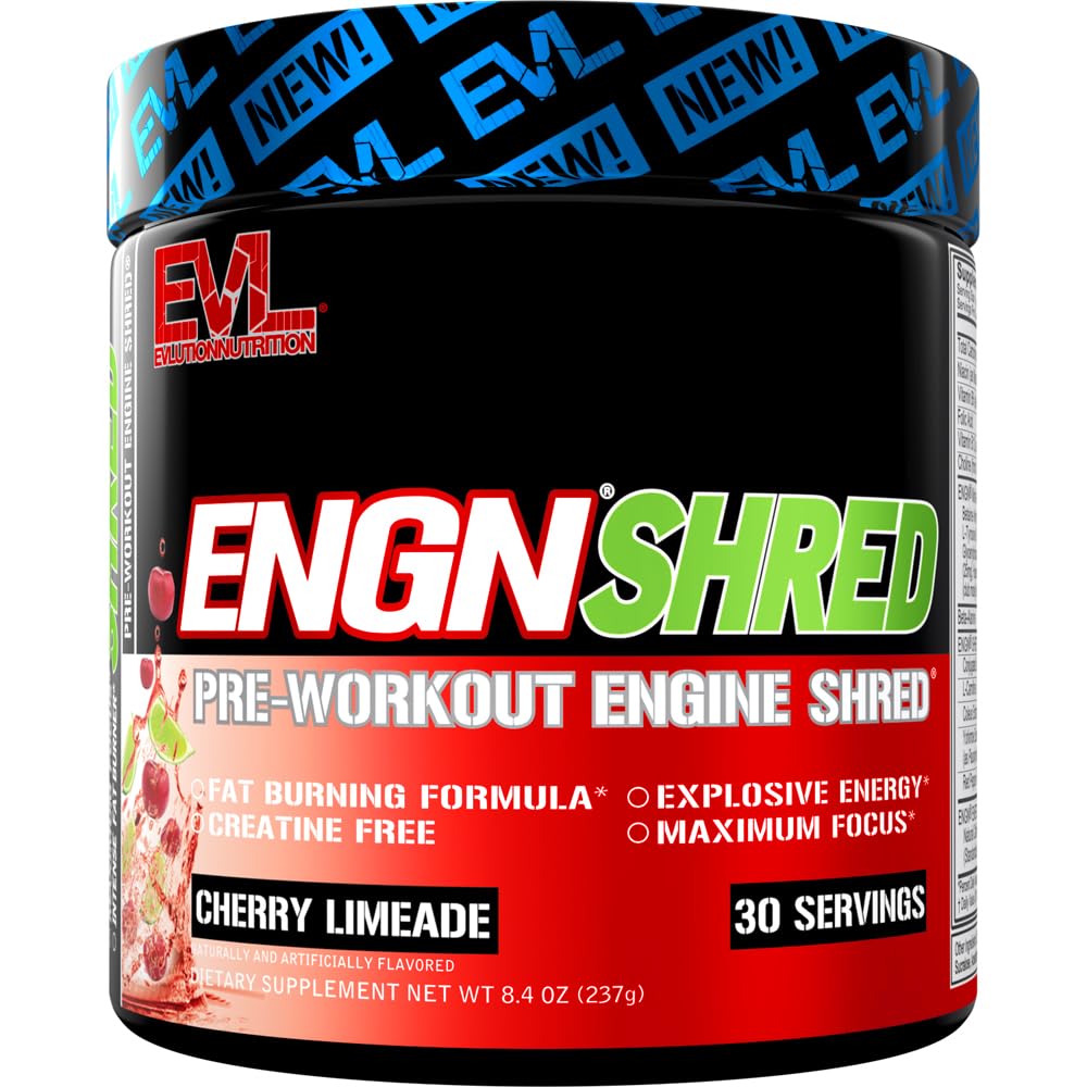EVL Ultimate Pre Workout Powder - Thermogenic Fat Burner Pretraining Powder Minuman untuk Lasting Energy Focus dan Stamina - ENGN Shred Intense Fat Burning Creatine Free Pretraining Drink - Cherry Limeade