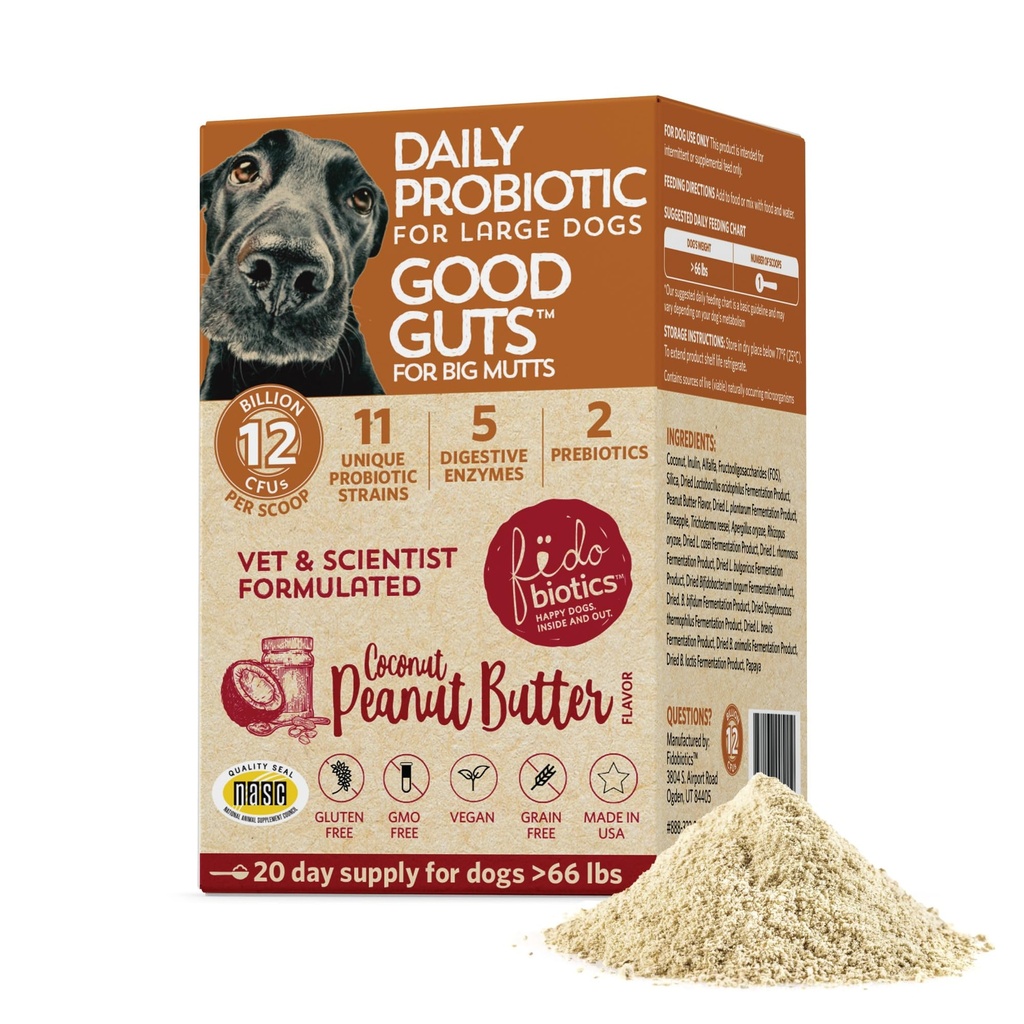 Fidobiotik Good Guts for Big Mutts Probiotic for Dogs, 12 Milyar CFUs, 11 Strains, 5 Digetical Enzymes, 2 Pregrapi, Digetical Gut Health for Dogs, Adult & Puppy Propotic Suplemen (20 Hari)