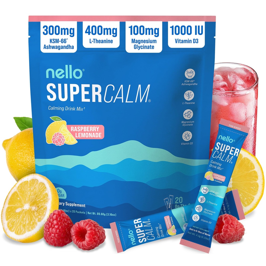 Nello Supercalm Towers Drum Mix, Raspberry Lemonade, L Theanine, KSM-66 Ashwagandha, Magnesium Glycinate, Vitamin D 3, Suplemen untuk Relaxation & Focus, No Sugar, Non GMO, On The Go, 20 Ct