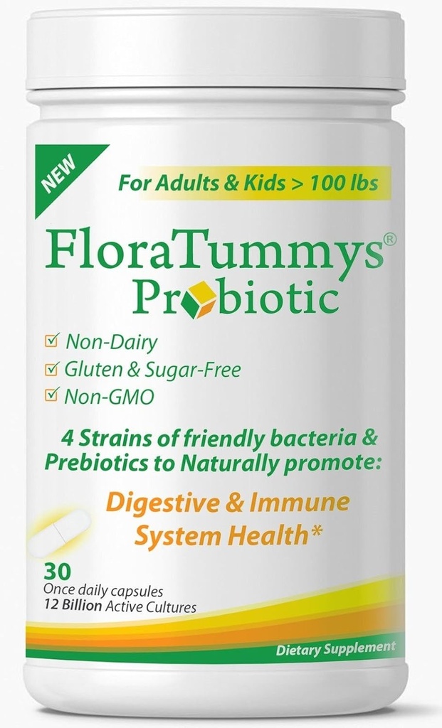 FloraTummys Best Probiotic for Women, Men and Kids 12 Milyar CFU, 4 Strains Probiotic, Preposis, Non-GMO, Kosher, Non-Dairy, Gluten Free, Sugar Free, Dibuat di Amerika Serikat