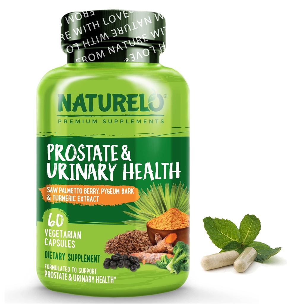 NATURELO Prostate & Urinary Health, Comprehensive Formula dengan Saw Palmetto, Pygeum, Tumeric, Plant Sterns, Brokoli dan Lycopene, 60 Vegetarian Capsules