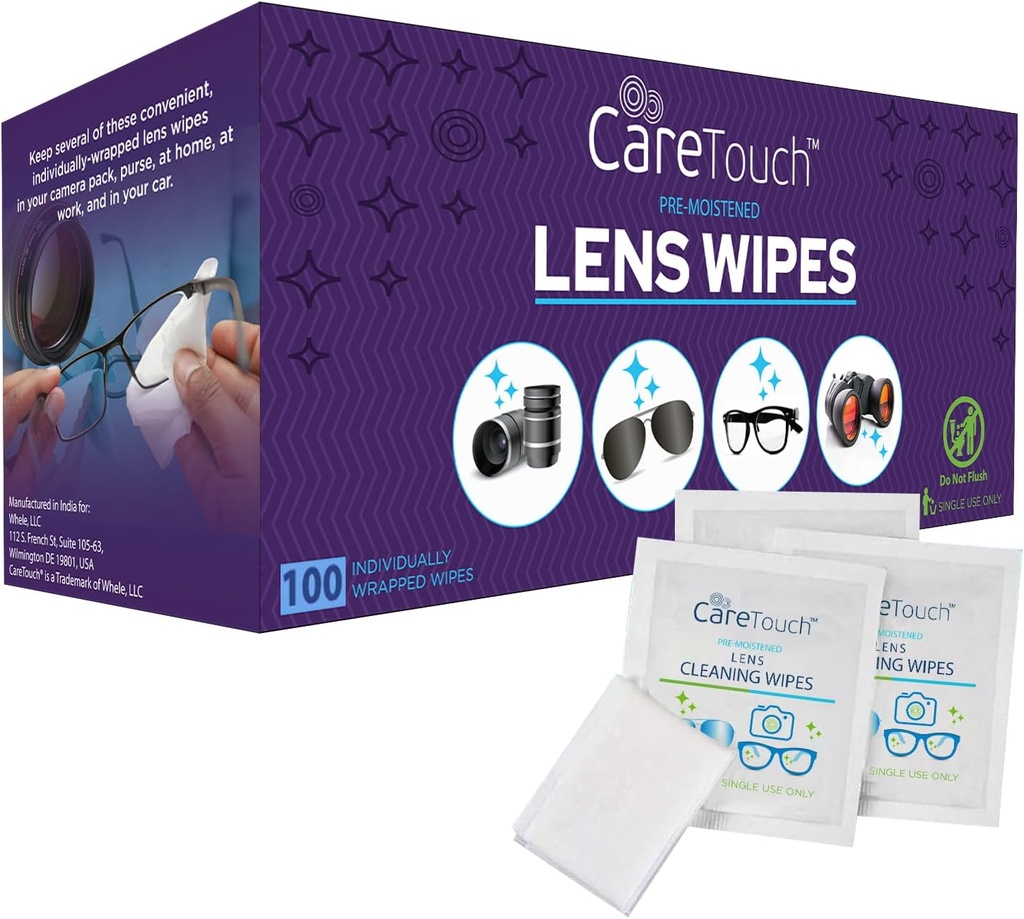 Care Lens Wipes for Eyeglasses - 100 Count Individually Wiping Pre- Moistened Wipes, 5 x 6 Inch- Camera Lens, Sunglasses and Glasses Cleaner, - Lembut dan Portabel untuk Membersihkan Perangkat Optical