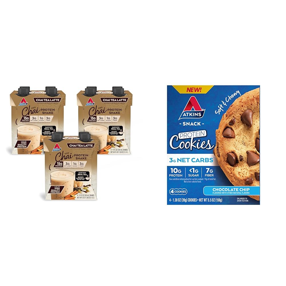 Atkins Chai Tea Latte Protein Shake dengan 15g Protein, 3g Net Carbs, 1g Sugar and Atkins Chocolate Chip Protein dengan 10g g Protein, 3g Net Carbs, 1g Sugar, Keto Friendly, 4 Count