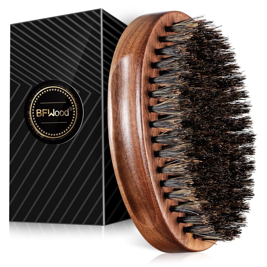 BFWood Boar Bristle Beard Brush - Black Wood Walnut Militer Gaya, Kumis Pria Brush