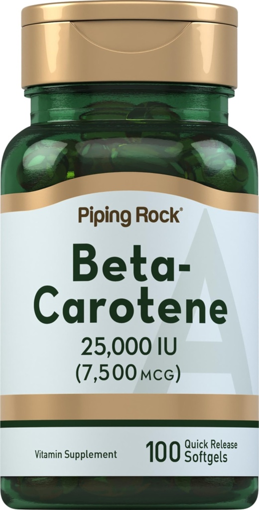 Piping Rock Beta Carotene 25000 IU Softgeels 124; 7500 mcg 124; 100 Count 124; Vitamin A Suflement 126; Non-GMO, Gluten Bebas