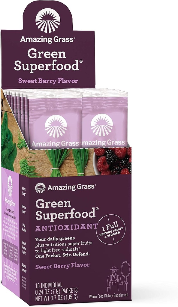 Amazing Grass Green Superfood Antioksidant: Super Greens Powder with Spirulina, Elderberry & Prograine, Sweet Berry, 15 Servis