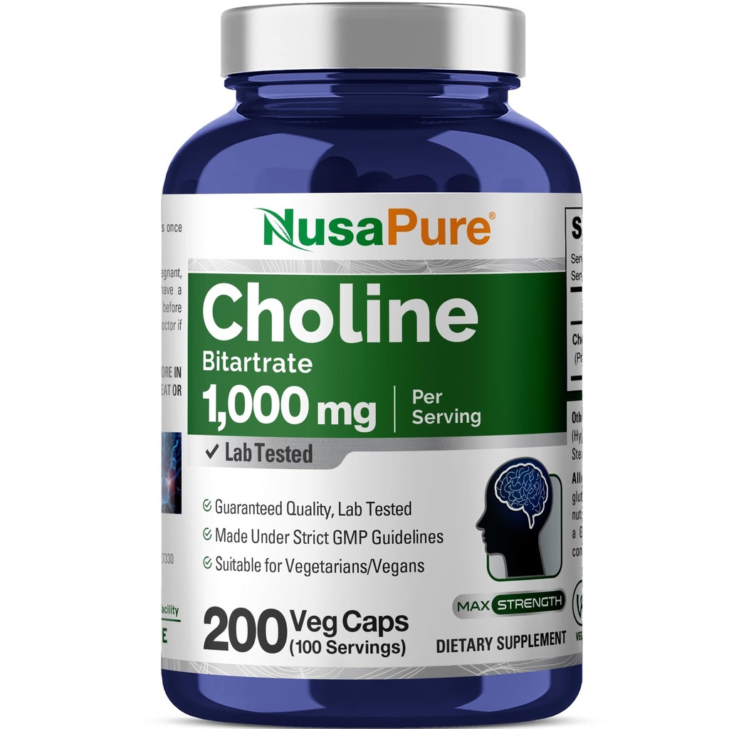 NusaPure Chooline Bitartwork 1000 mg 200 Veggie Capsules (Vegan Vegetarian, Non- GMO)