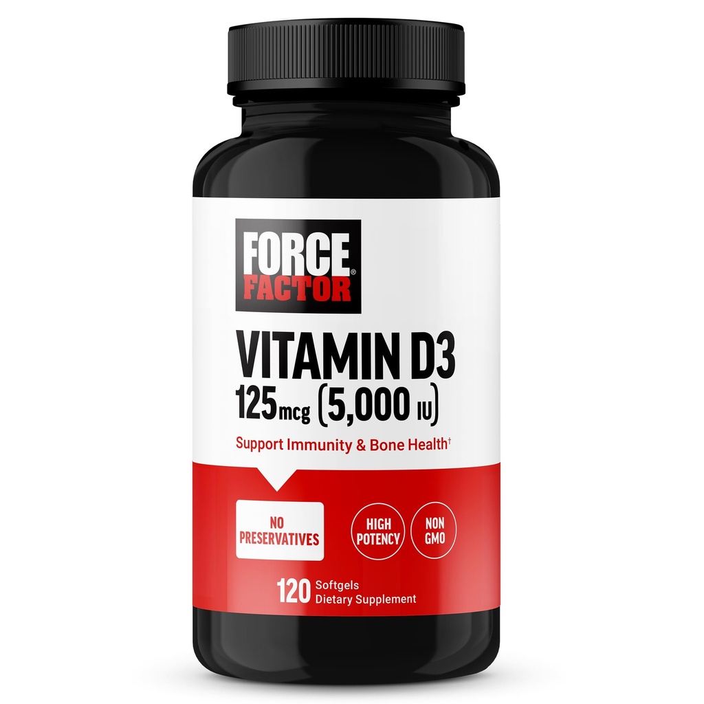 ForCE FacTOR Vitamin D3 5000 IU Softgels, Tinggi-Potamin D Suplemen untuk mendukung kekebalan dan Kesehatan Tulang, Kualitas Premium, Tanpa Pengawet, 120 Softgels