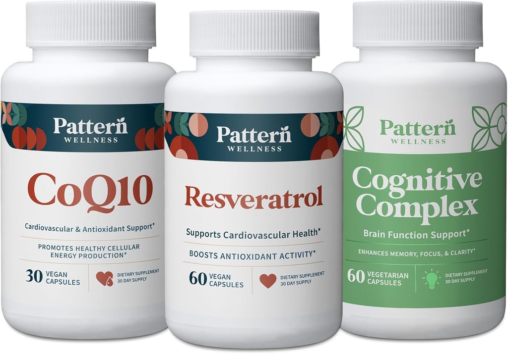 Pattern Wellness Heally Aging Bundle - CoQ10, Resveratrol, Kompleks Kognitive - Promoses Kesehatan Waktu & Wellness - 3 Pack, All- Natural, Vegan-Friendly Formulas